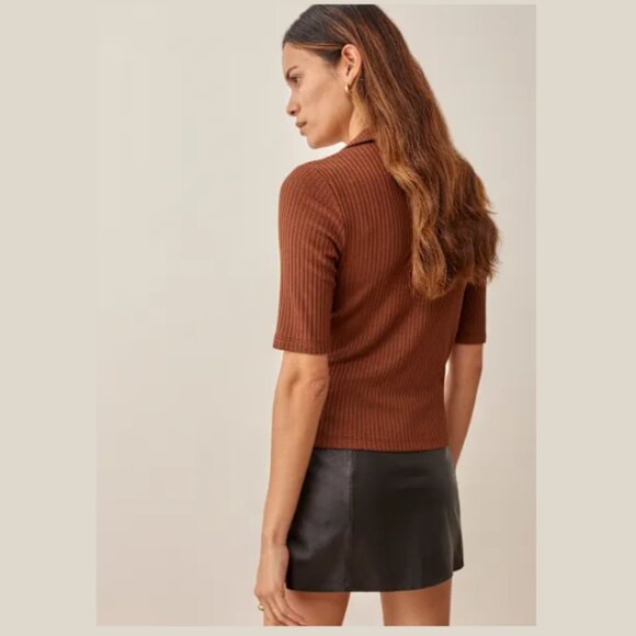REFORMATION Thomas Knit Top Shirt Ribbed Collared V-Neck Chestnut Women's Small - Picture 2 of 14